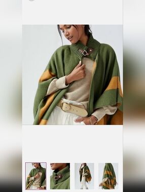 Anthropologie Olive and Mustard Striped Knit Poncho with Buckle Collar